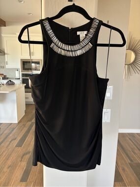 Cache Black Sleeveless Tank with Silver Embellished Neckline